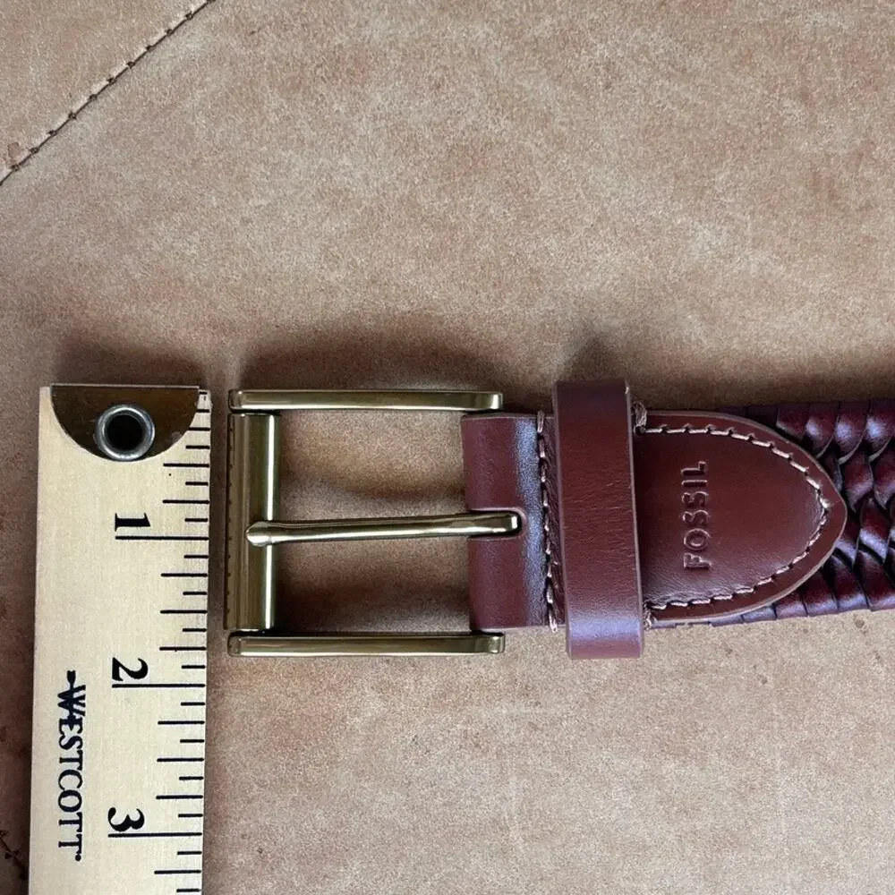 Fossil Maddox Genuine Leather Woven Belt Brown Solid Brass Buckle Western 38